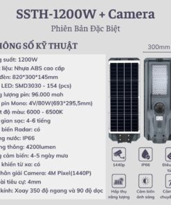 Thông số kỹ thuật đèn đường năng lượng mặt trời SSTH-1200W tích hợp camera ABM Solar, chống nước IP66
